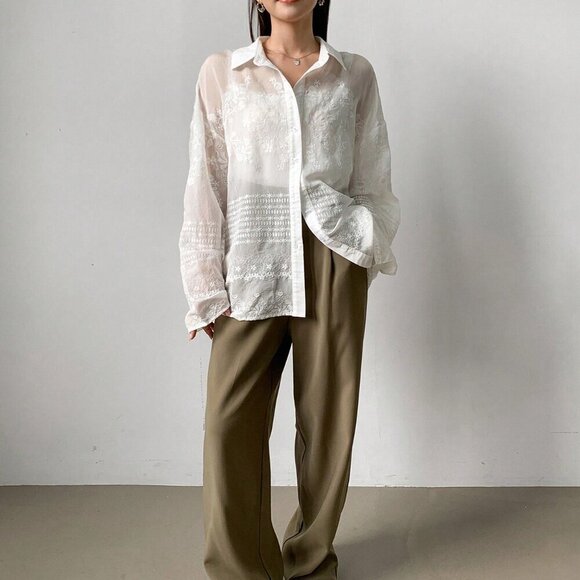 Beige Casual Women's Solid Asymmetric Sheer Lace Long Sleeve Blouse - Picture 3 of 9